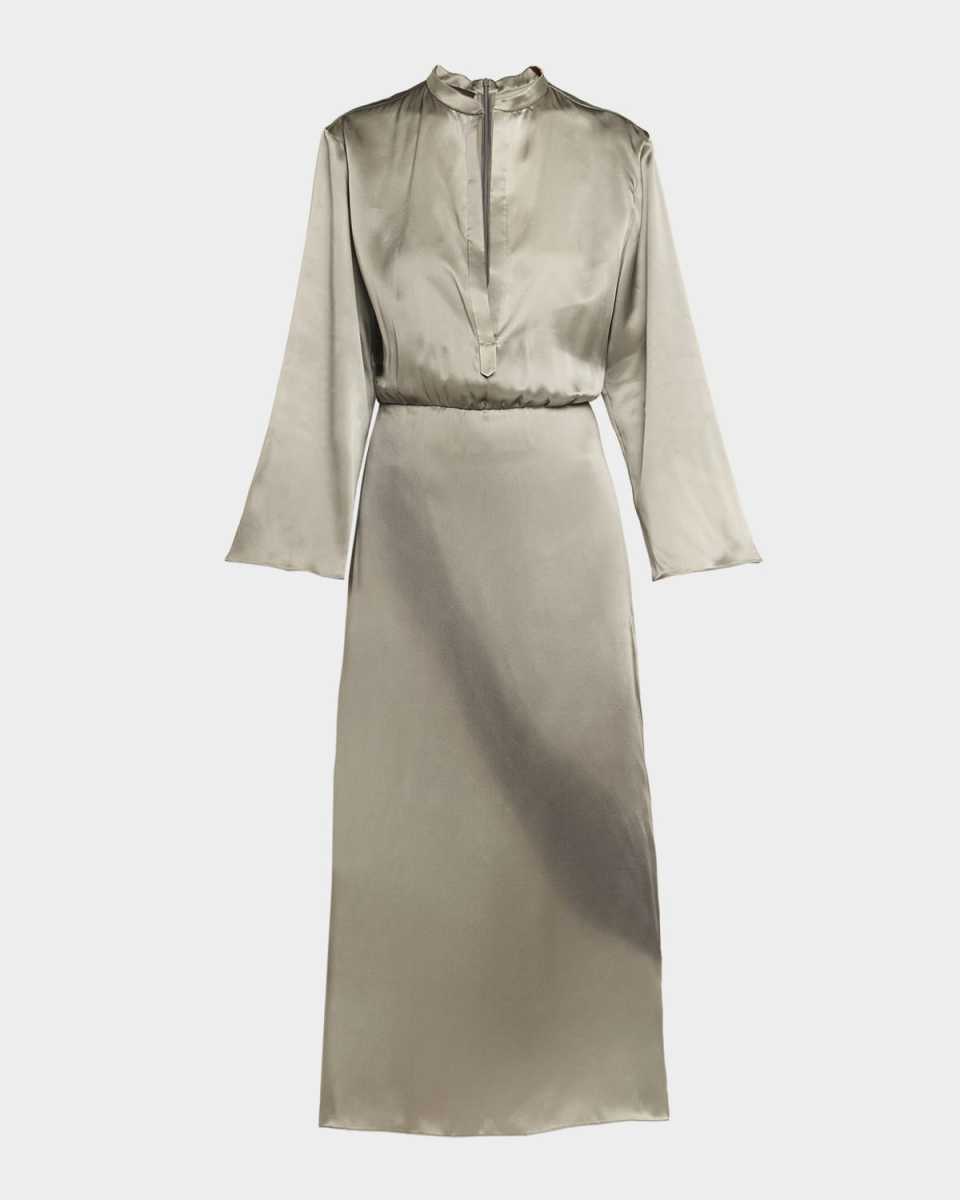 Ombre Print Silk Long-Sleeve Midi Dress